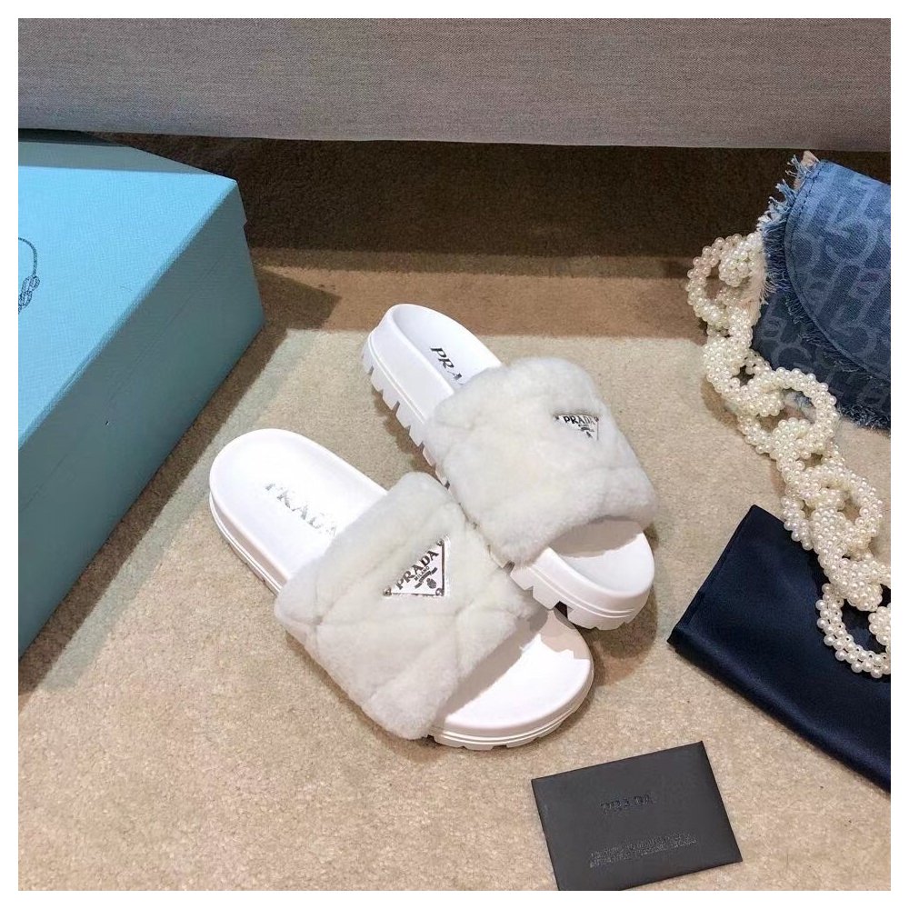 Cheap Reps Prada Womens Slides In White Shearling