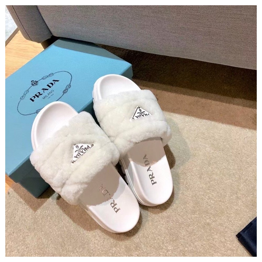 Cheap Reps Prada Womens Slides In White Shearling