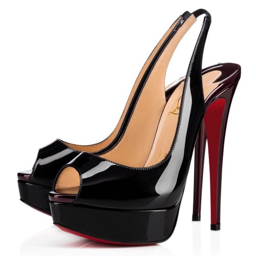 Cheap Reps Christian Louboutin Black Patent Lady Peep Sling Pumps 130mm