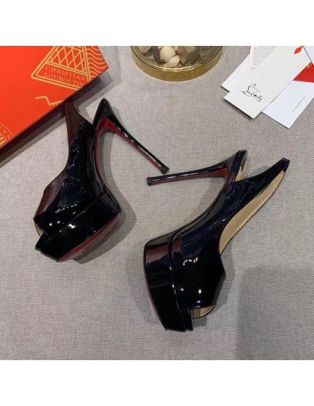 Cheap Reps Christian Louboutin Black Patent Lady Peep Sling Pumps 130mm