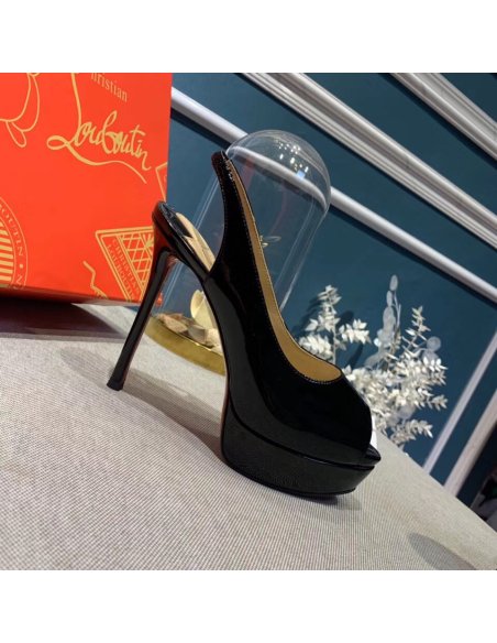 Cheap Reps Christian Louboutin Black Patent Lady Peep Sling Pumps 130mm