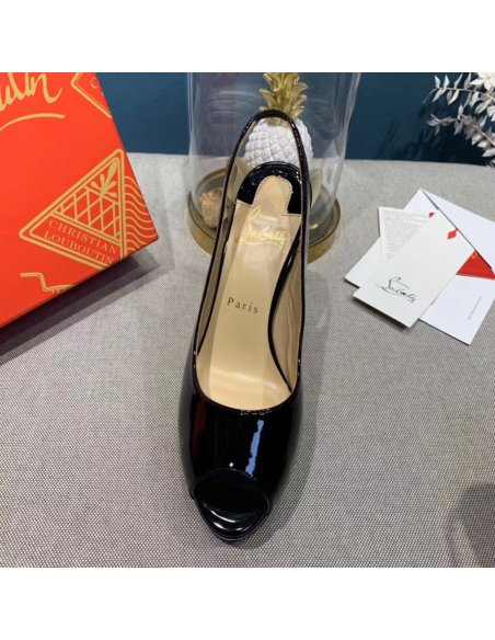 Cheap Reps Christian Louboutin Black Patent Lady Peep Sling Pumps 130mm