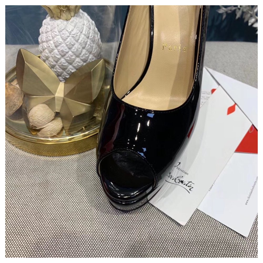 Cheap Reps Christian Louboutin Black Patent Lady Peep Sling Pumps 130mm