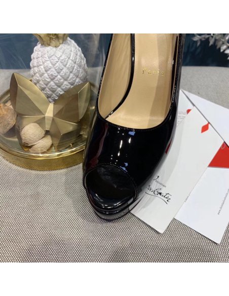 Cheap Reps Christian Louboutin Black Patent Lady Peep Sling Pumps 130mm