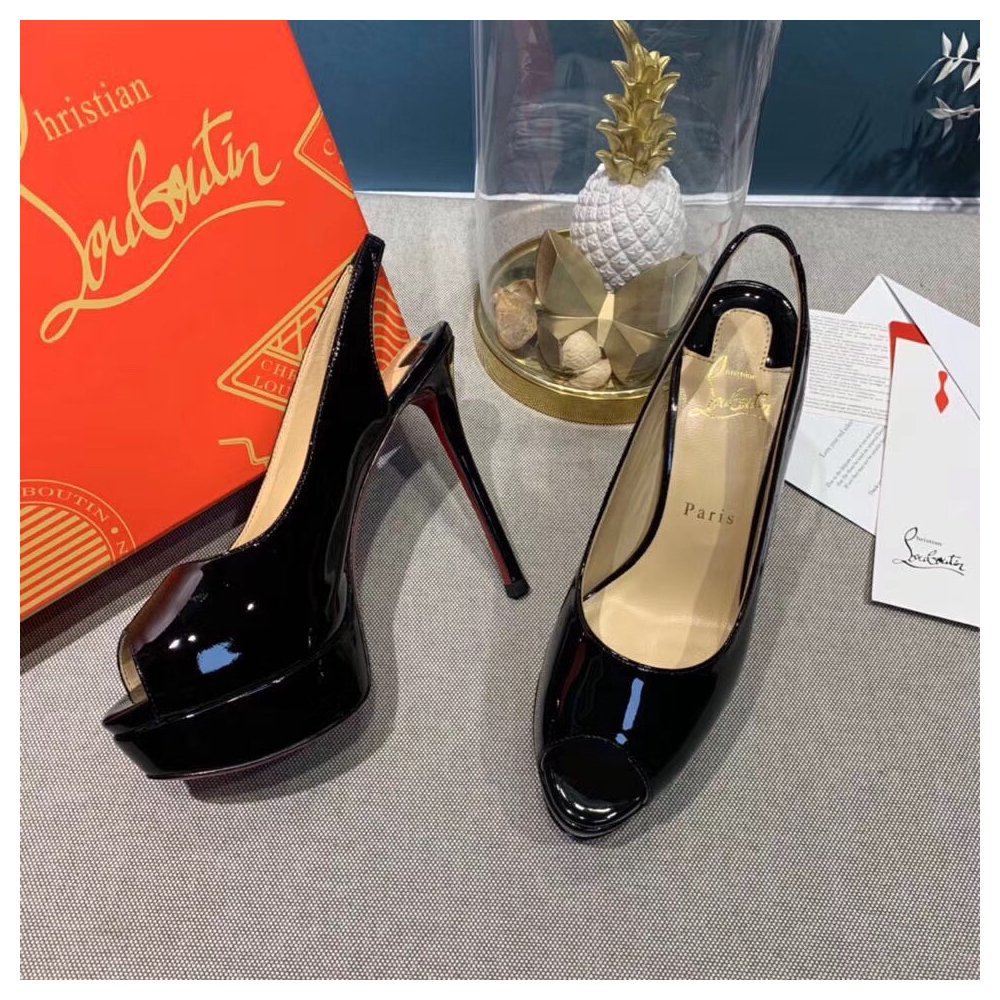 Cheap Reps Christian Louboutin Black Patent Lady Peep Sling Pumps 130mm