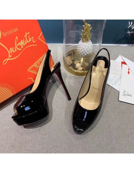 Cheap Reps Christian Louboutin Black Patent Lady Peep Sling Pumps 130mm
