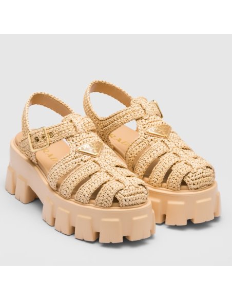 Cheap Reps Prada Monolith Crochet Cage Sandals in Beige Fabric