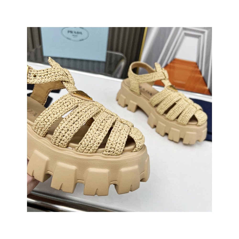 Cheap Reps Prada Monolith Crochet Cage Sandals in Beige Fabric