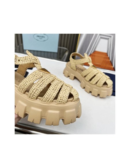 Cheap Reps Prada Monolith Crochet Cage Sandals in Beige Fabric