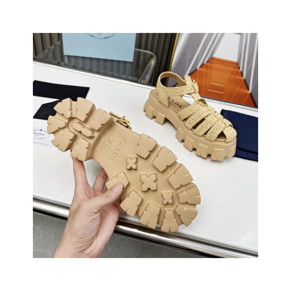 Cheap Reps Prada Monolith Crochet Cage Sandals in Beige Fabric