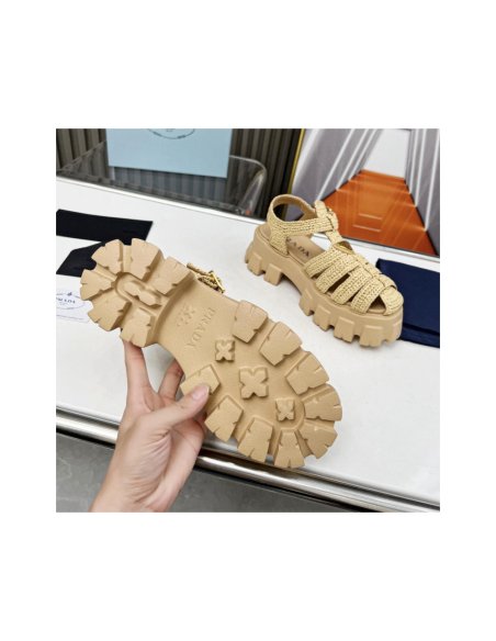 Cheap Reps Prada Monolith Crochet Cage Sandals in Beige Fabric