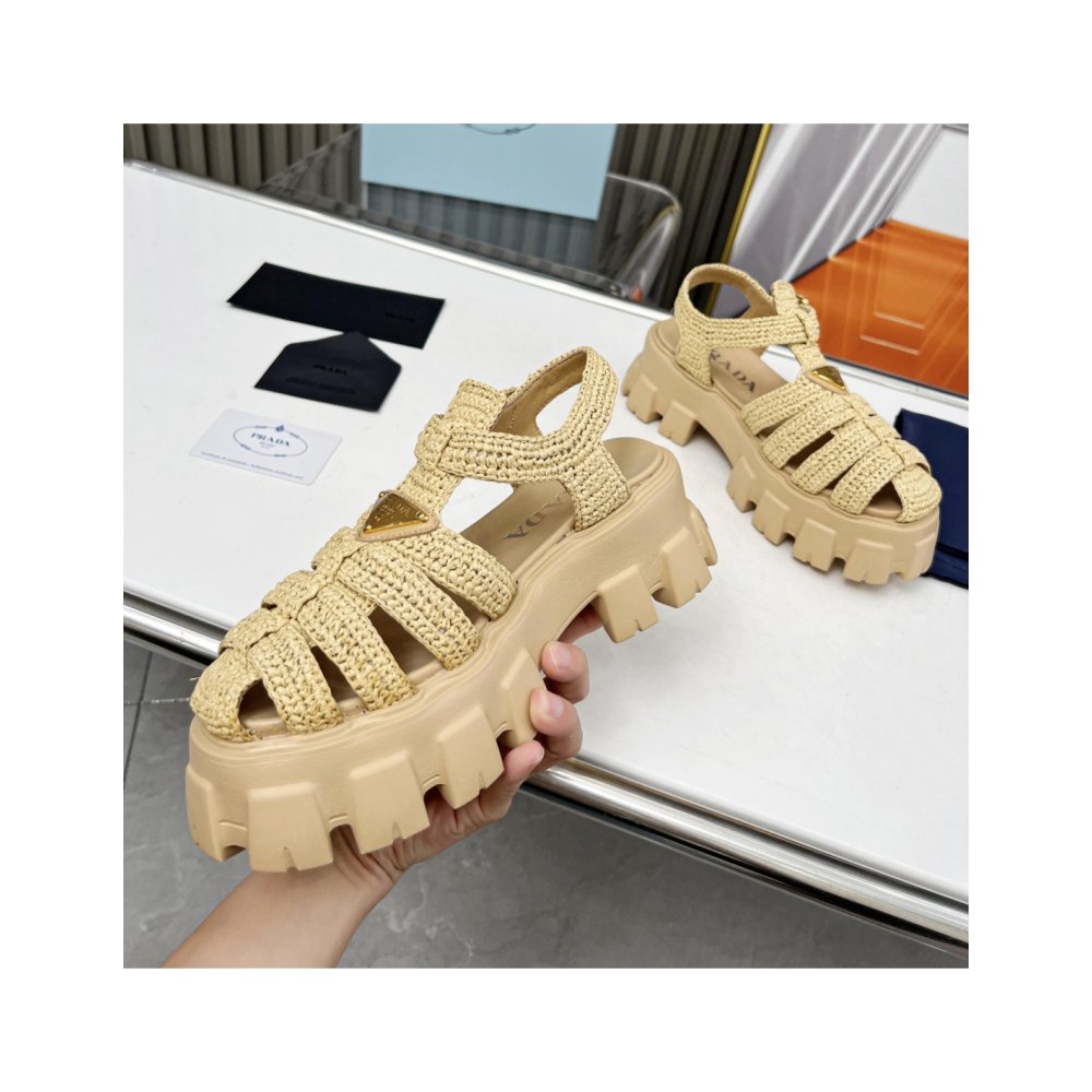 Cheap Reps Prada Monolith Crochet Cage Sandals in Beige Fabric