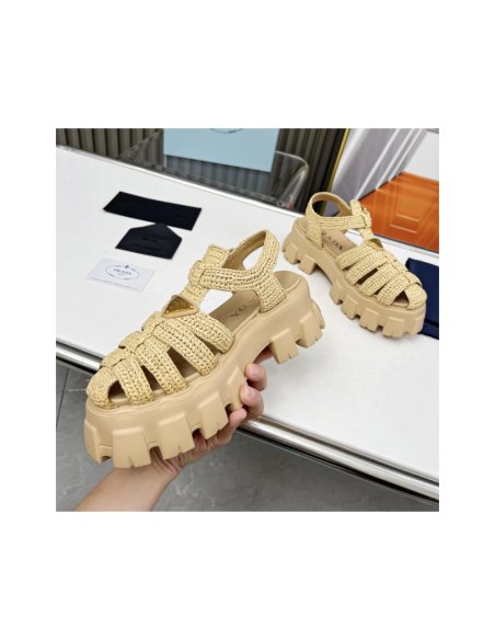 Cheap Reps Prada Monolith Crochet Cage Sandals in Beige Fabric
