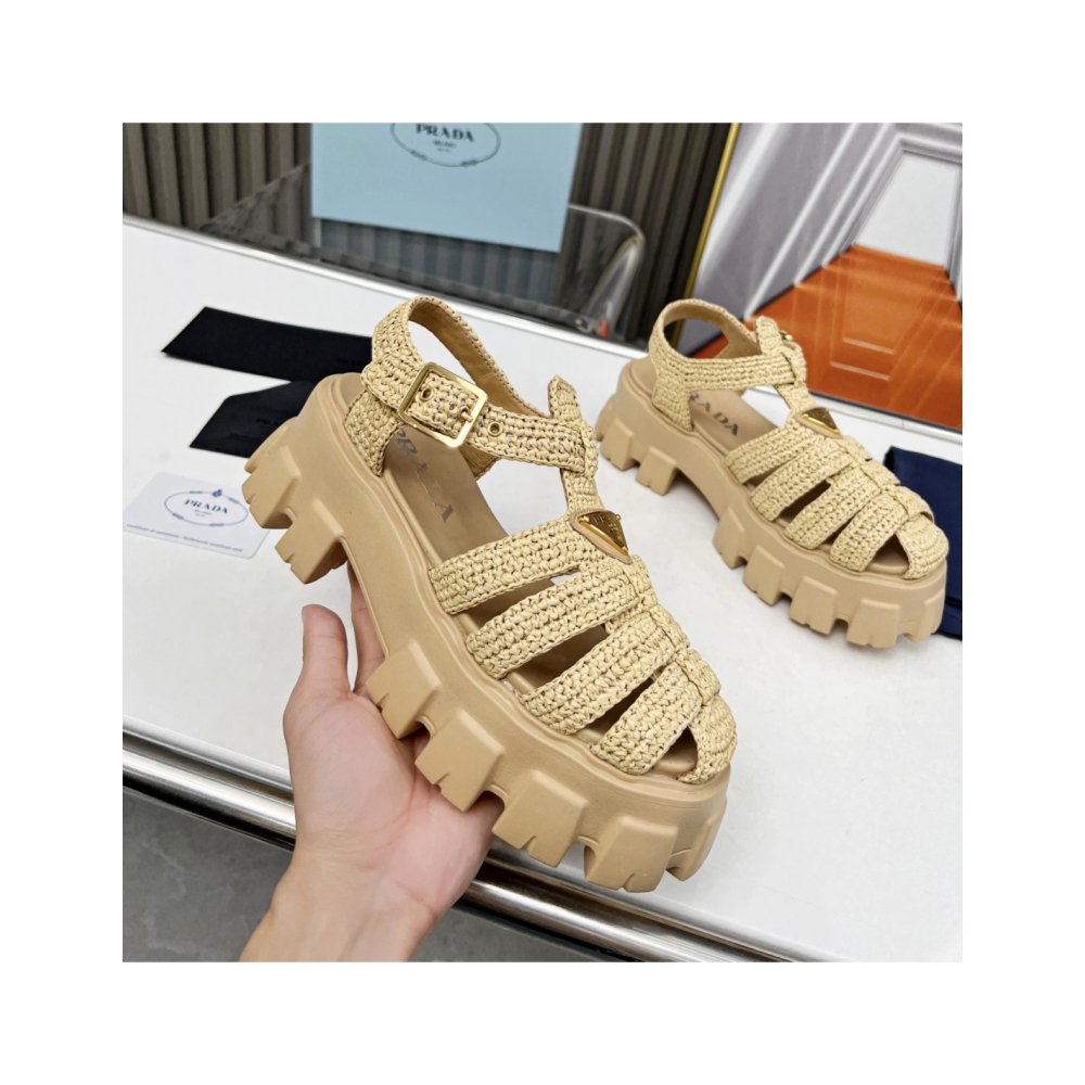 Cheap Reps Prada Monolith Crochet Cage Sandals in Beige Fabric