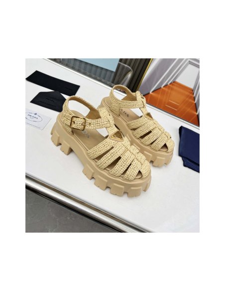 Cheap Reps Prada Monolith Crochet Cage Sandals in Beige Fabric