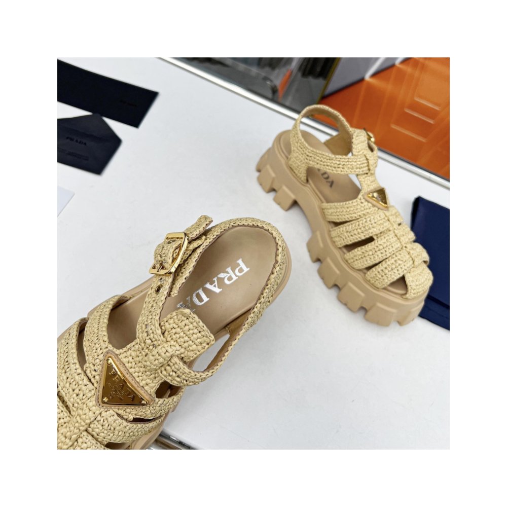 Cheap Reps Prada Monolith Crochet Cage Sandals in Beige Fabric