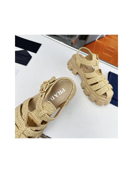 Cheap Reps Prada Monolith Crochet Cage Sandals in Beige Fabric