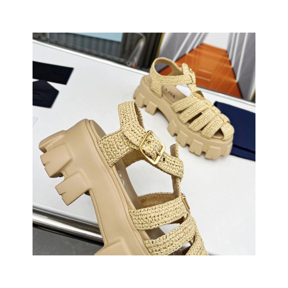 Cheap Reps Prada Monolith Crochet Cage Sandals in Beige Fabric