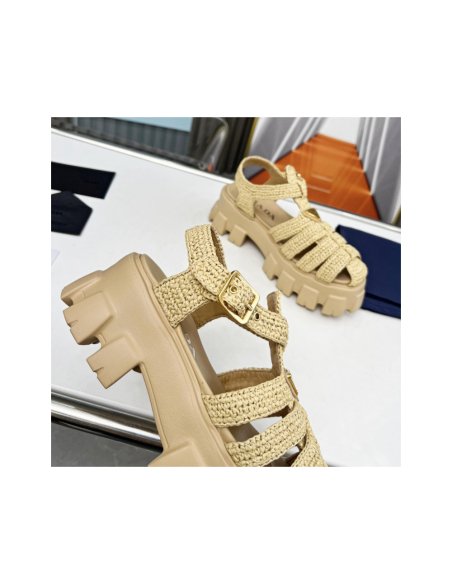 Cheap Reps Prada Monolith Crochet Cage Sandals in Beige Fabric