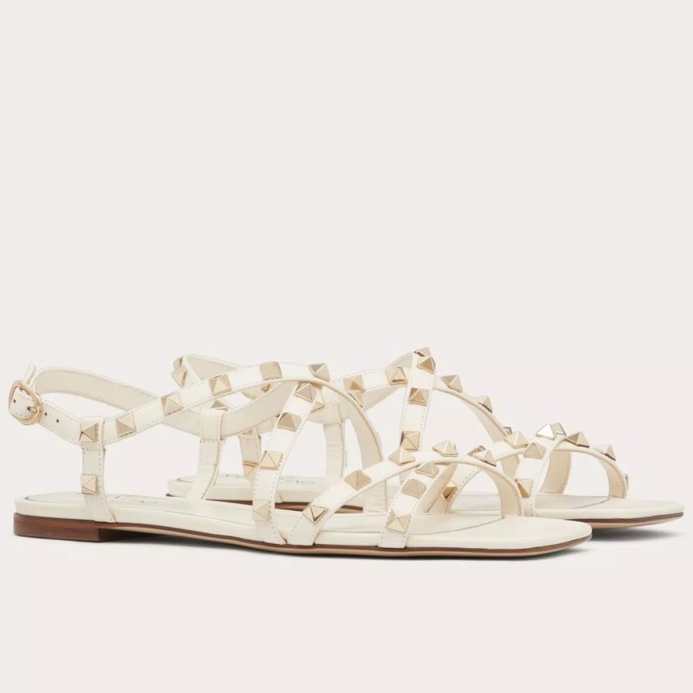 Cheap Reps Valentino Rockstud Flat Sandals with Straps in White Leather