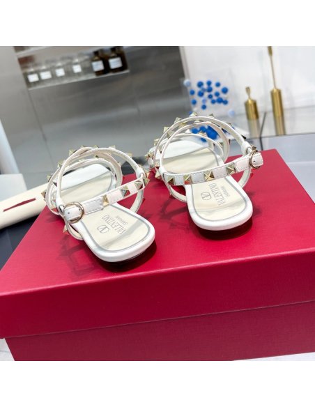 Cheap Reps Valentino Rockstud Flat Sandals with Straps in White Leather