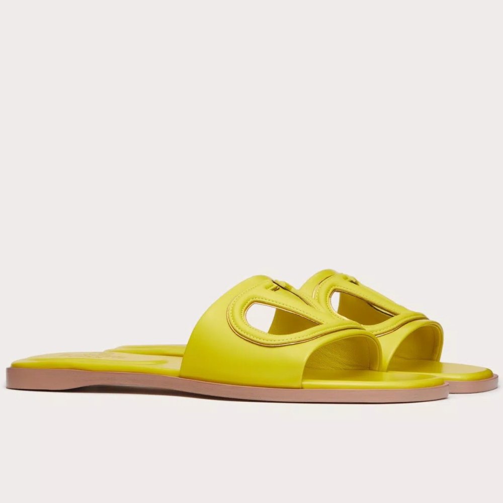 Cheap Reps Valentino VLogo Cut-out Slide Sandals in Yellow Leather