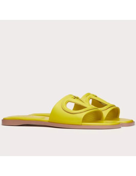 Cheap Reps Valentino VLogo Cut-out Slide Sandals in Yellow Leather