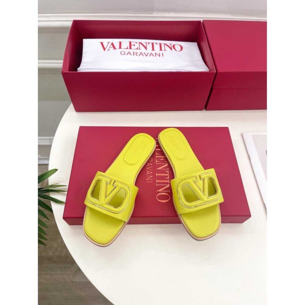 Cheap Reps Valentino VLogo Cut-out Slide Sandals in Yellow Leather