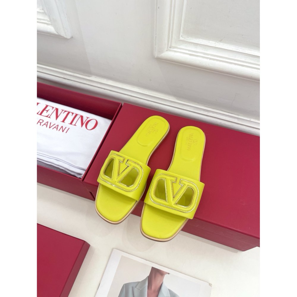 Cheap Reps Valentino VLogo Cut-out Slide Sandals in Yellow Leather