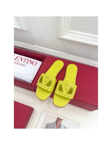 Cheap Reps Valentino VLogo Cut-out Slide Sandals in Yellow Leather