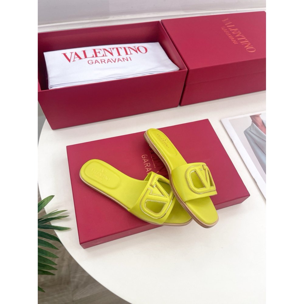Cheap Reps Valentino VLogo Cut-out Slide Sandals in Yellow Leather