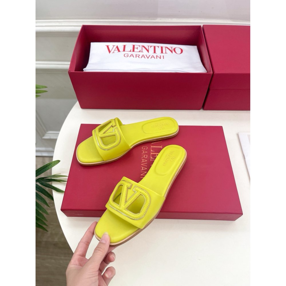 Cheap Reps Valentino VLogo Cut-out Slide Sandals in Yellow Leather