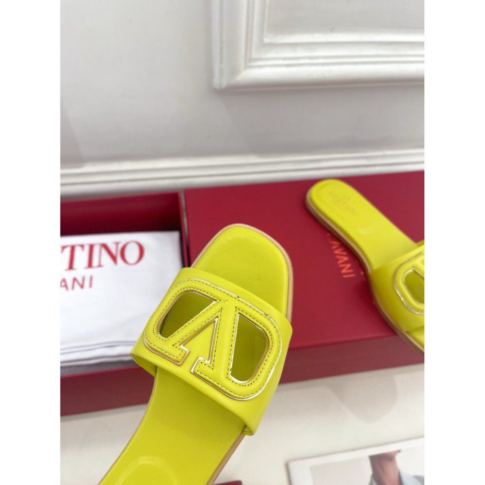 Cheap Reps Valentino VLogo Cut-out Slide Sandals in Yellow Leather