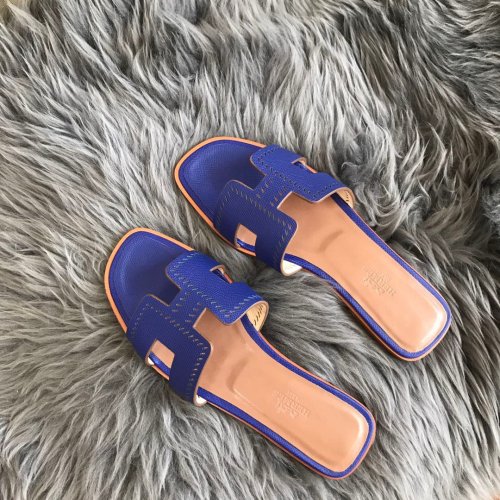 Cheap Reps Hermes Oran Slide Sandals In Blue Epsom Perforated Calfskin