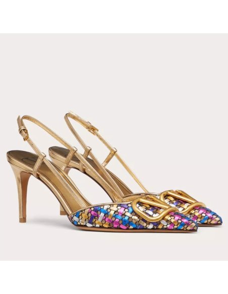 Cheap Reps Valentino VLogo Signature Slingback Pumps 80mm in Woven Metallic Leather