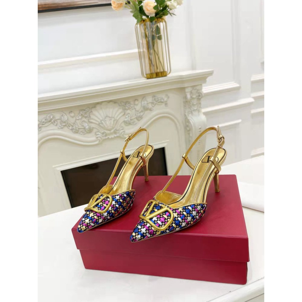 Cheap Reps Valentino VLogo Signature Slingback Pumps 80mm in Woven Metallic Leather