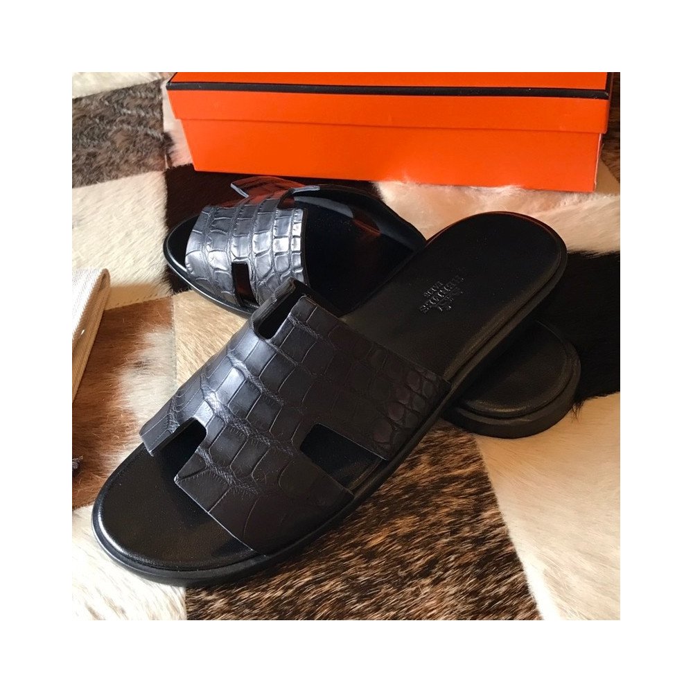 Cheap Reps Hermes Mens Izmir Sandals In Black Matte Niloticus Crocodile Leather