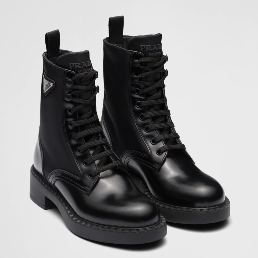 Cheap Reps Prada Ankle Boots in Black Brushed Leather and Re-Nylon