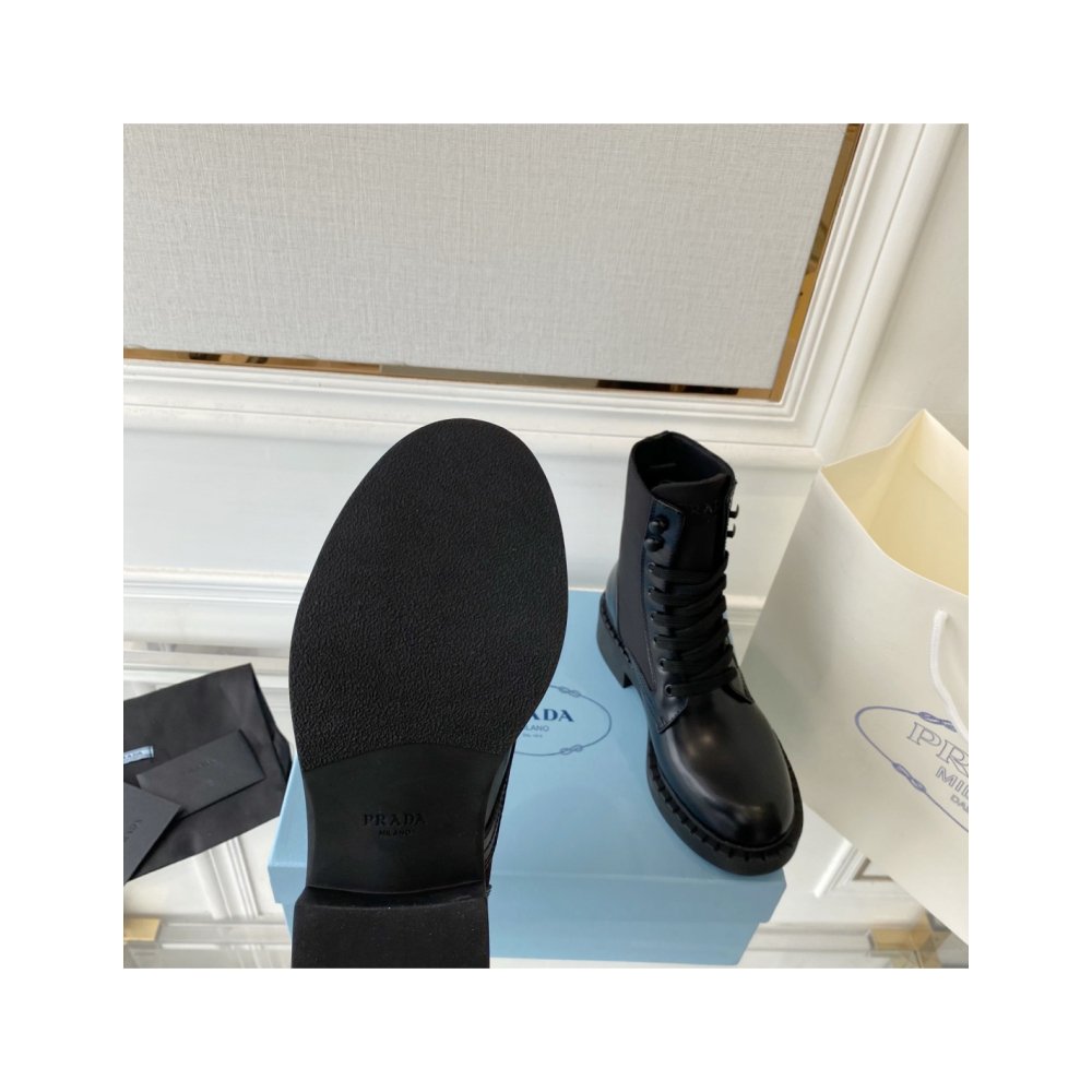 Cheap Reps Prada Ankle Boots in Black Brushed Leather and Re-Nylon