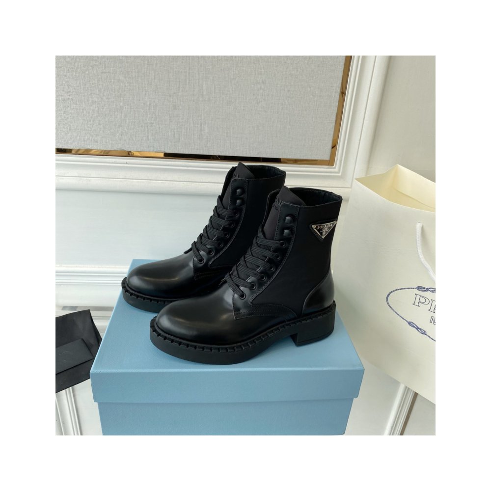 Cheap Reps Prada Ankle Boots in Black Brushed Leather and Re-Nylon