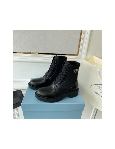Cheap Reps Prada Ankle Boots in Black Brushed Leather and Re-Nylon