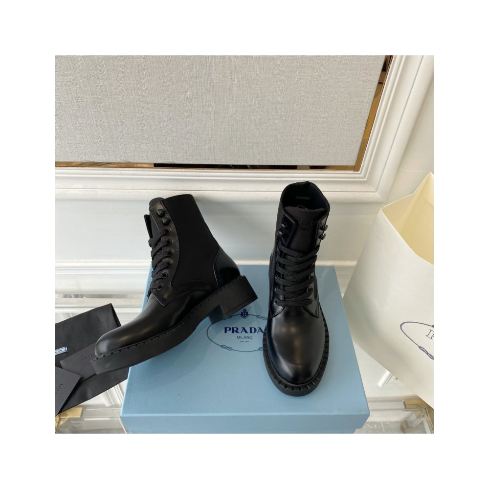Cheap Reps Prada Ankle Boots in Black Brushed Leather and Re-Nylon