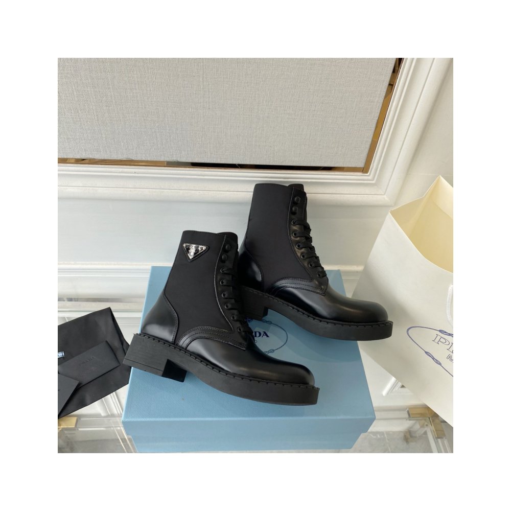 Cheap Reps Prada Ankle Boots in Black Brushed Leather and Re-Nylon