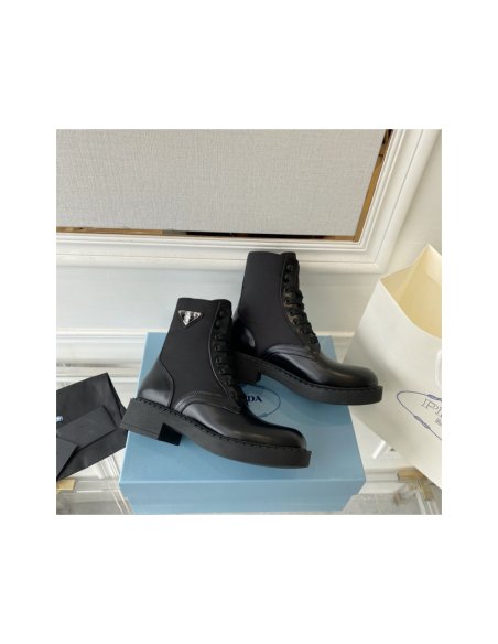 Cheap Reps Prada Ankle Boots in Black Brushed Leather and Re-Nylon