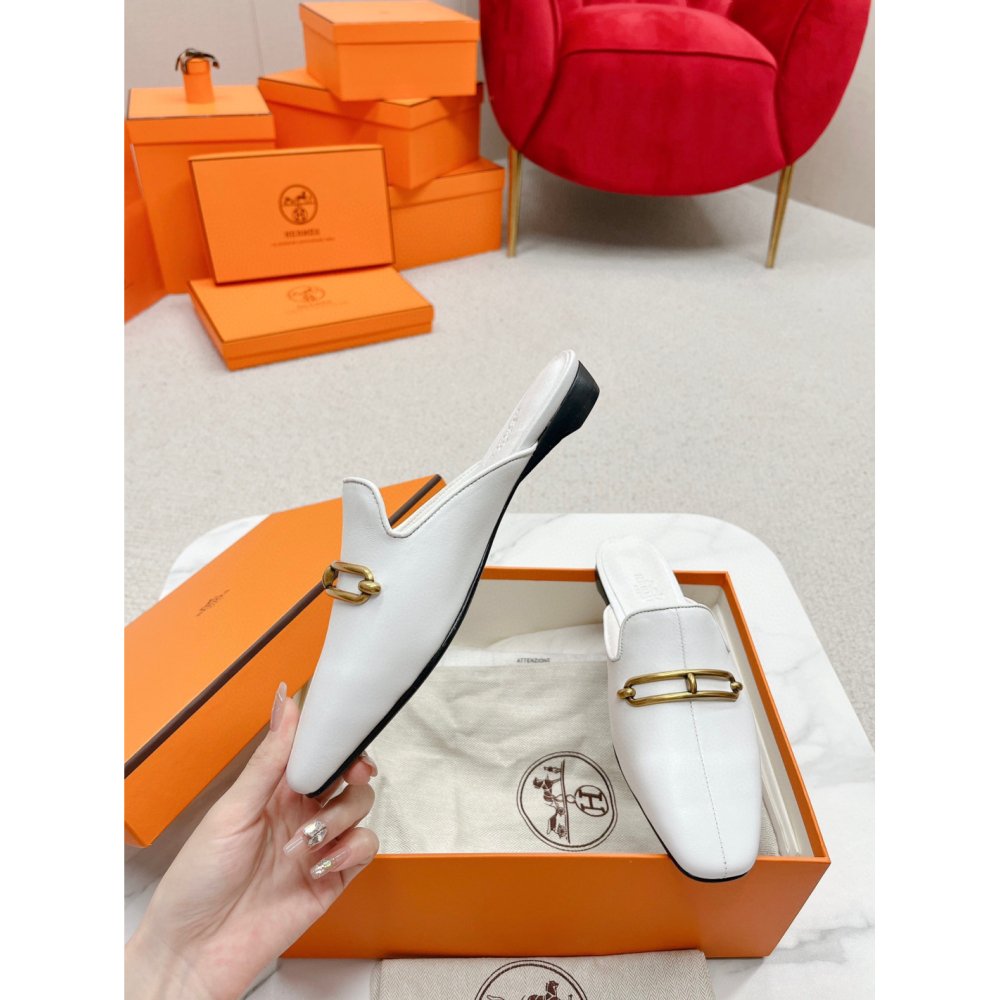 Cheap Reps Hermes Esmee Mules in White Calfskin
