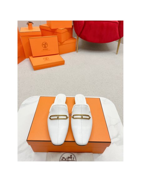 Cheap Reps Hermes Esmee Mules in White Calfskin