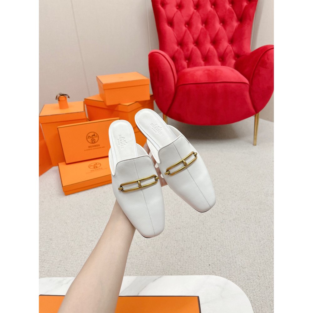 Cheap Reps Hermes Esmee Mules in White Calfskin