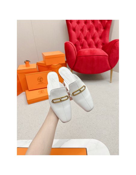 Cheap Reps Hermes Esmee Mules in White Calfskin