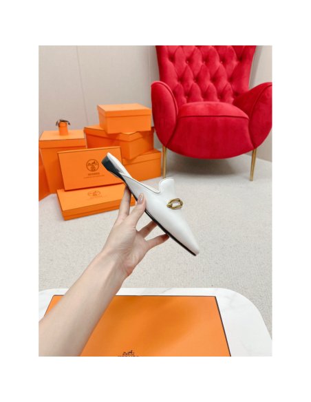 Cheap Reps Hermes Esmee Mules in White Calfskin