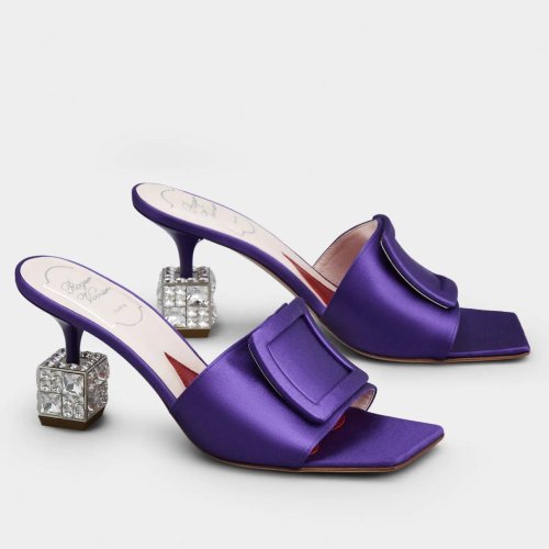 Cheap Reps Roger Vivier Cube Strass Heel Mules in Violet Satin